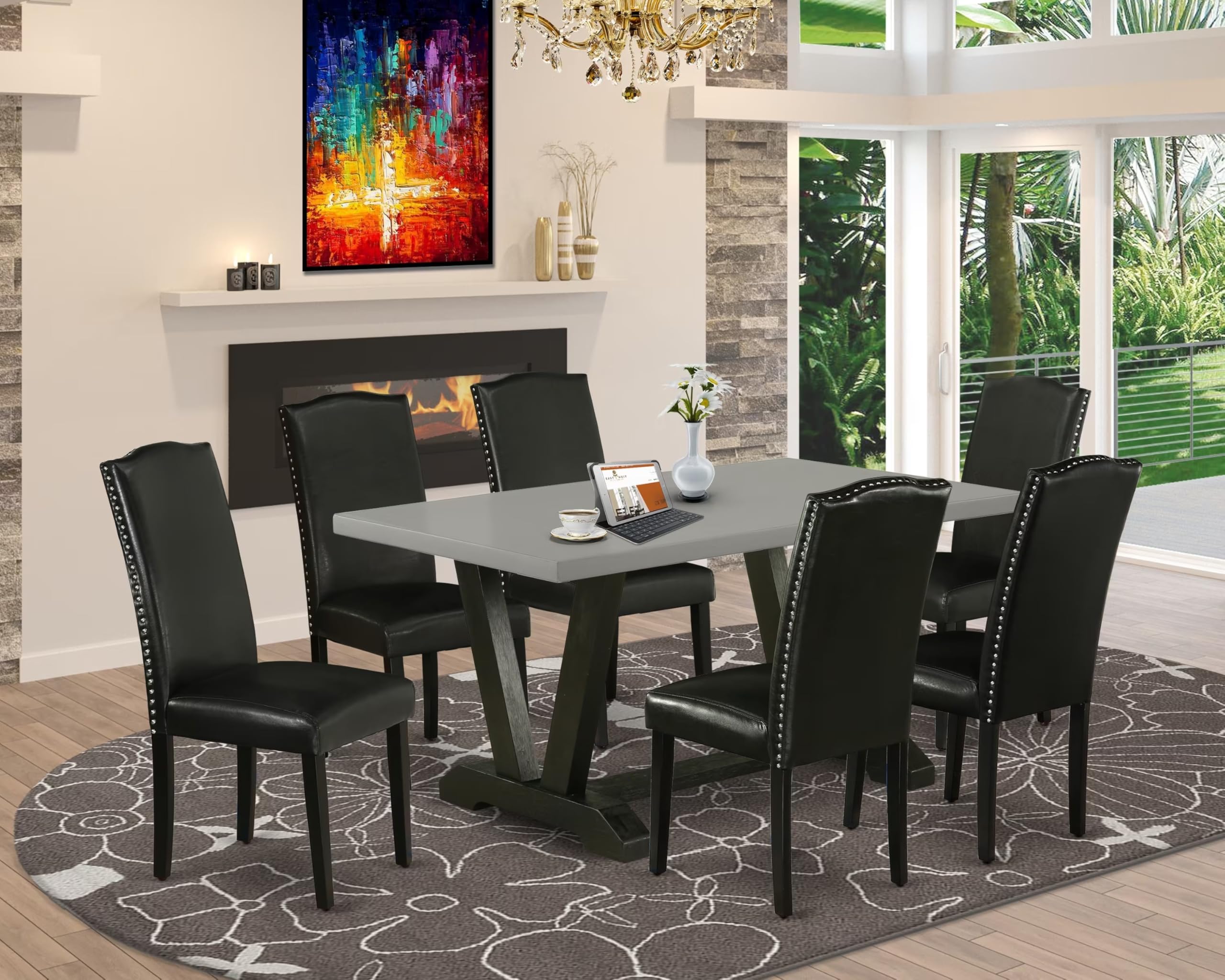 East West Furniture V696En169-7 7 Piece Dining Table Set Consist Of A Rectangle Dining Room Table With V-Legs And 6 Black Faux Leather Upholstered Parson Chairs, 36X60 Inch, Multi-Color